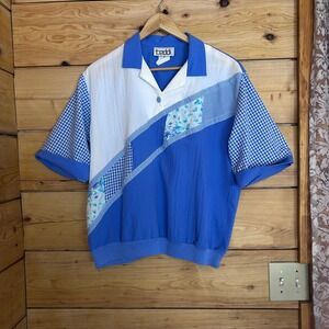 Vintage Colorblock Patchwork Blouse Womens Large Blue Retro Gingham Floral Teddi